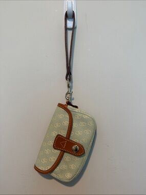 Dooney & Bourke monogram Wristlet in Light Mint canvas with leather Brown Trim